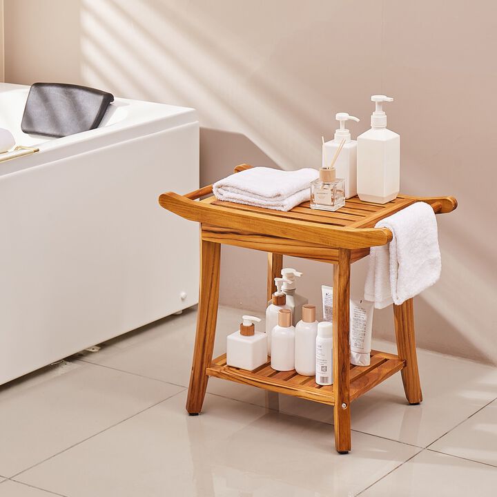Waterproof Teak Shower Stool with Storage Shelf, Handle and Non Slip Feet-Natural