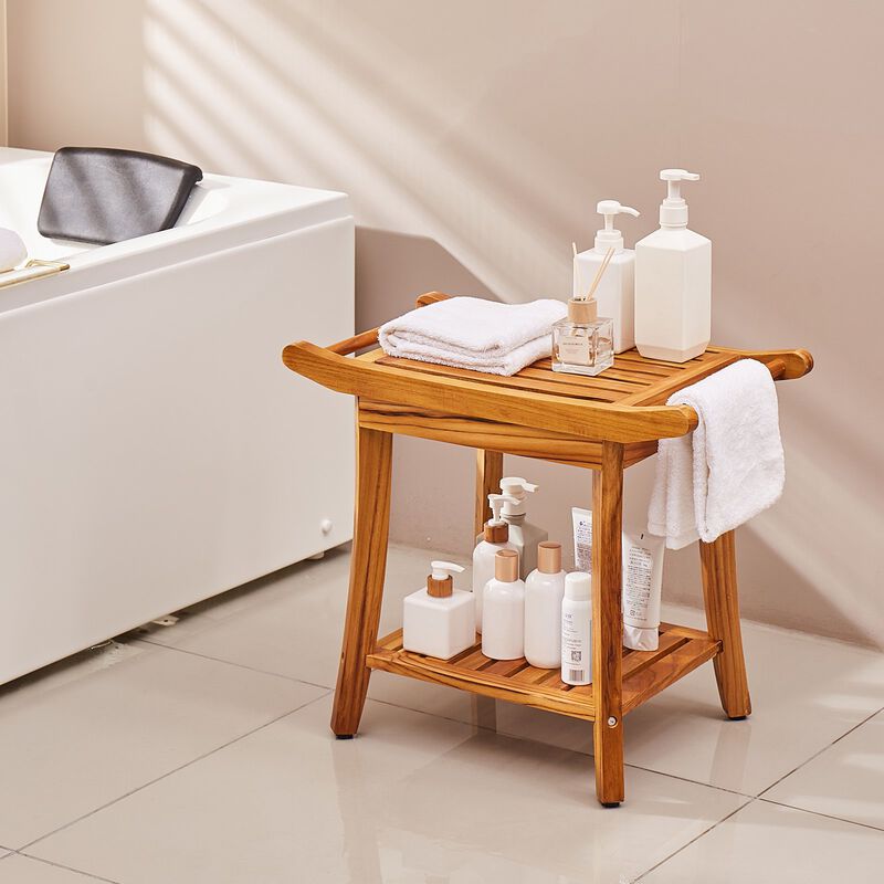 Waterproof Teak Shower Stool with Storage Shelf, Handle and Non Slip Feet-Natural image number 1