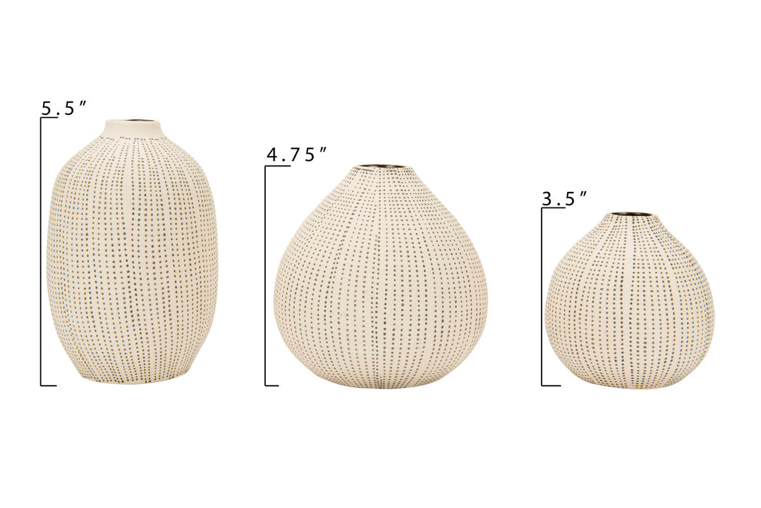 Round Stoneware Vases with Polka Dot Finish, White and Black, Set of 3