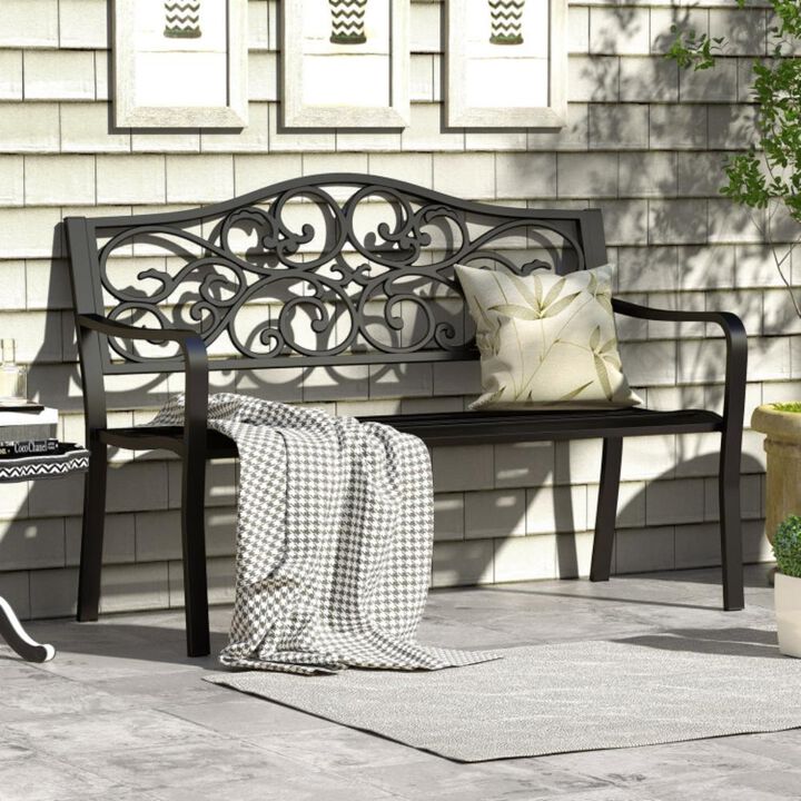 Hivvago 50 Inches Outdoor Cast Iron Metal Patio Bench with Floral Design Backrest and Slatted Seat