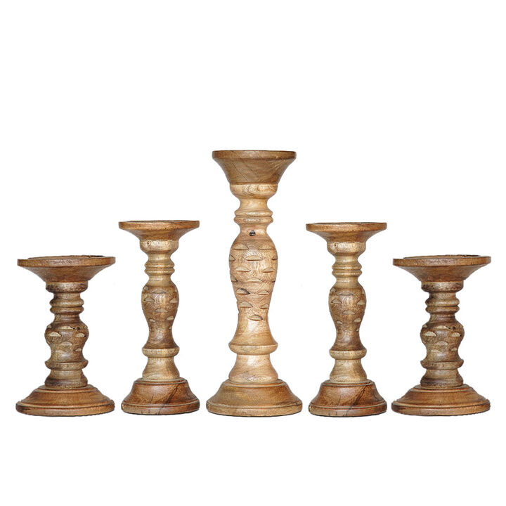 Traditional Wallnut Eco-friendly Handmade Mango Wood Set Of Five 6",9",12",9" & 6" Pillar Candle Holder BBH Homes