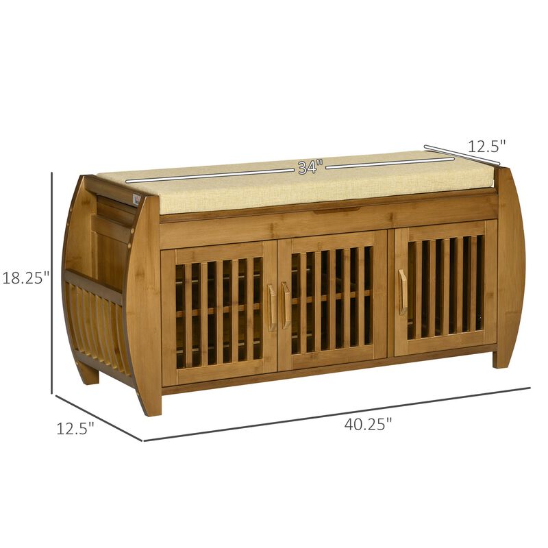 Brown Hallway Organizer: Bamboo Shoe Bench with Storage & Cushion