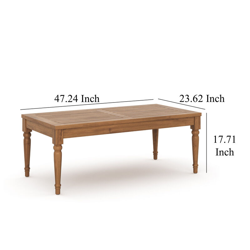 Pena Outdoor Coffee Table, 47 Inch Rectangular Slat Brown Acacia Wood - Benzara