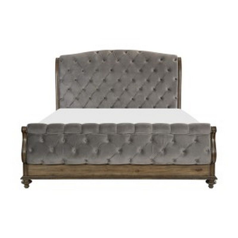 Danya Queen Bed, Sleigh Style, Tufted Rolled Headboard, Nailed Gray Velvet