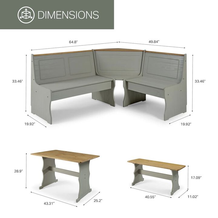 OS Home and Office Furniture Solid Pine Corner Dining Booth in Corona Gray