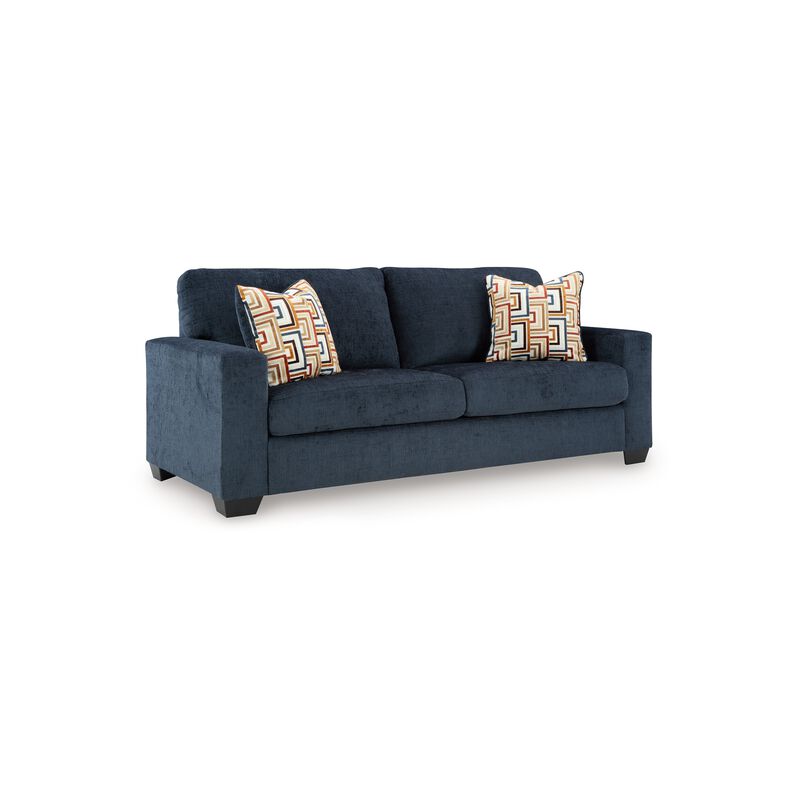 Avie Sofa, 2 Accent Pillows, 85 Inch, Black, Soft Navy Blue Polyester - Benzara