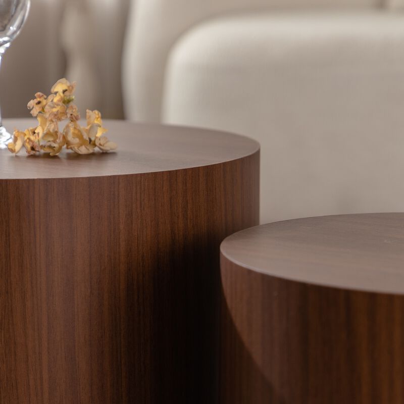 Modern Round Drum Nesting Coffee Table Set of 2, Wooden Cylinder Coffee Tables for Living Room, Space-Saving Design image number 5