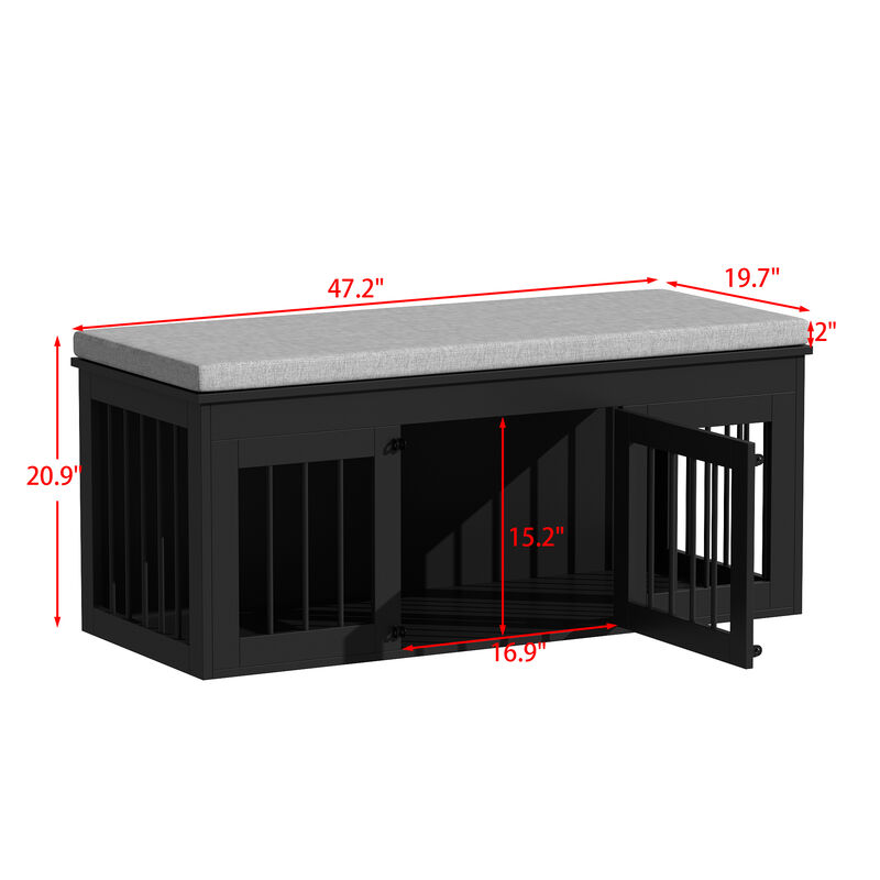 Wooden Bed End Bench Dog Crate, Dog Kennel Indoor Modern Crates Entryway Bench Furniture for Small Medium Pets, Black