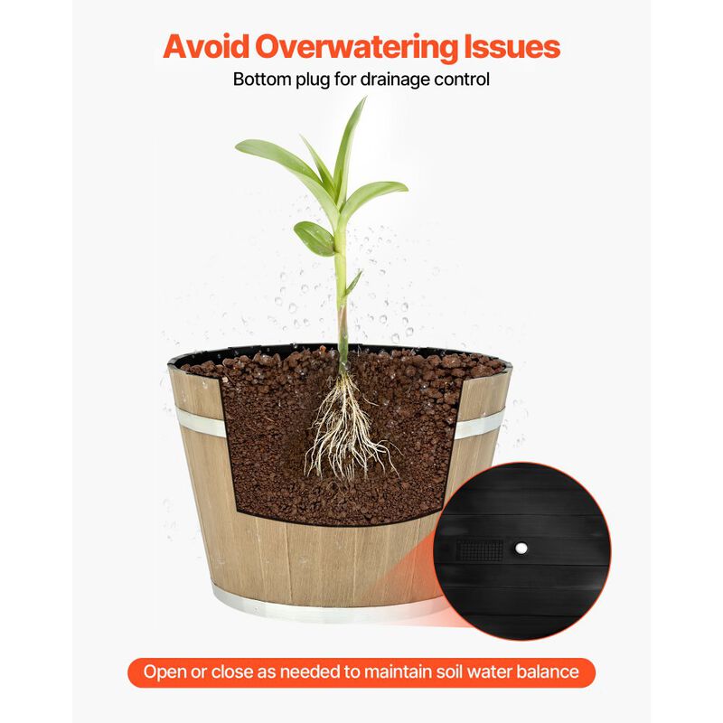 4 Pack Large Plastic Planters with Drainage, Whiskey Barrel Design Flower Pots-Brown image number 6