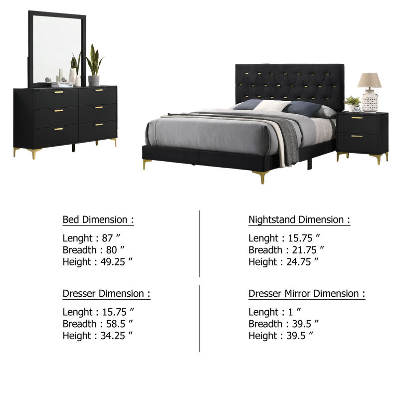 Dle 4 Piece King Bedroom Set, Tufted Black Velvet, Modern Gold Accents