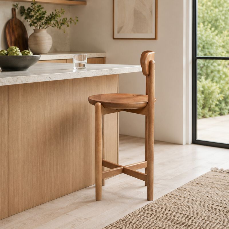 Maona Counter Stool Chair with Round Seat, Curved Open Back, Natural Brown Mango Wood image number 7