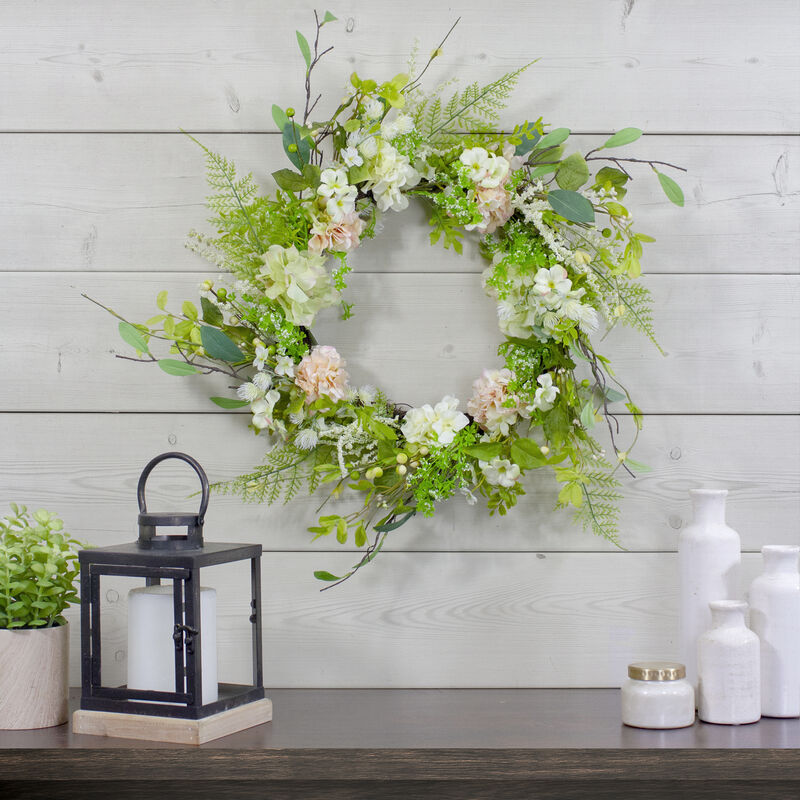 Hydrangea and Fern Spring Floral Berry Wreath  Green and Pink 28" image number 1