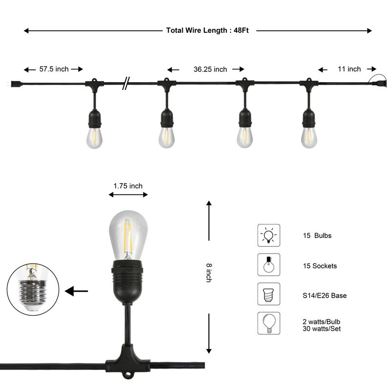 15-Light Indoor/Outdoor 48 ft. Rustic Industrial LED S14 Edison Buld String Lights, Black