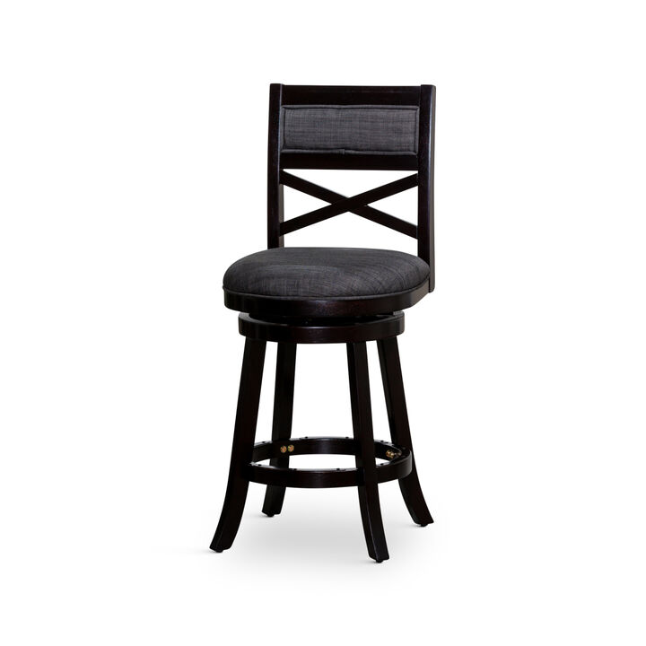 24" Counter Height X-Back Swivel Stool, Espresso Finish, Charcoal Fabric Seat