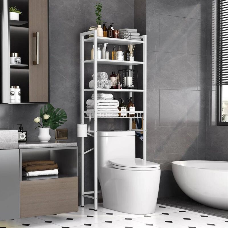 Hivvago Black Over the Toilet Storage Freestanding Industrial Metal Wood Shelving Unit