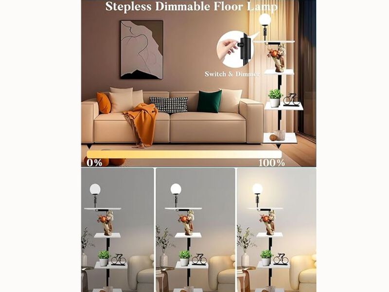 4-Tier Shelf Floor Lamp – Black Finish, Dimmable 3000K LED, Table Attached