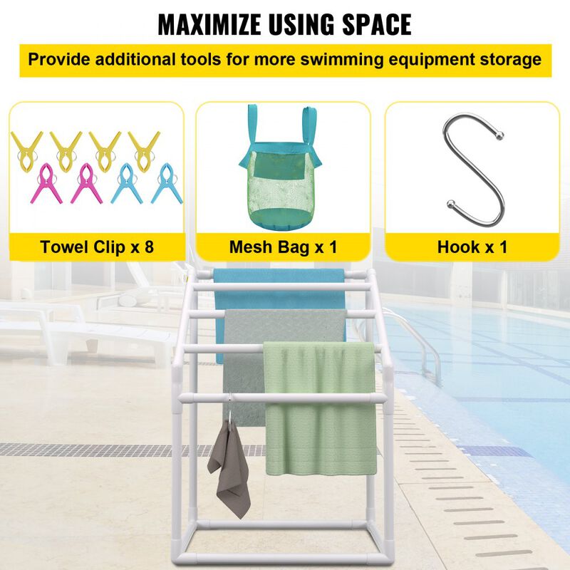 Outdoor PVC Towel Holder Stand with 5 Drying Bars, Clips, Hook & Bag for Pool and Bathroom-White image number 3