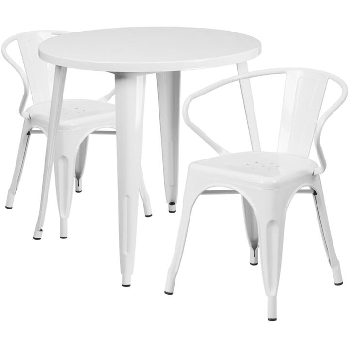 Flash Furniture Conrad Commercial Grade 30" Round White Metal Indoor-Outdoor Table Set with 2 Arm Chairs