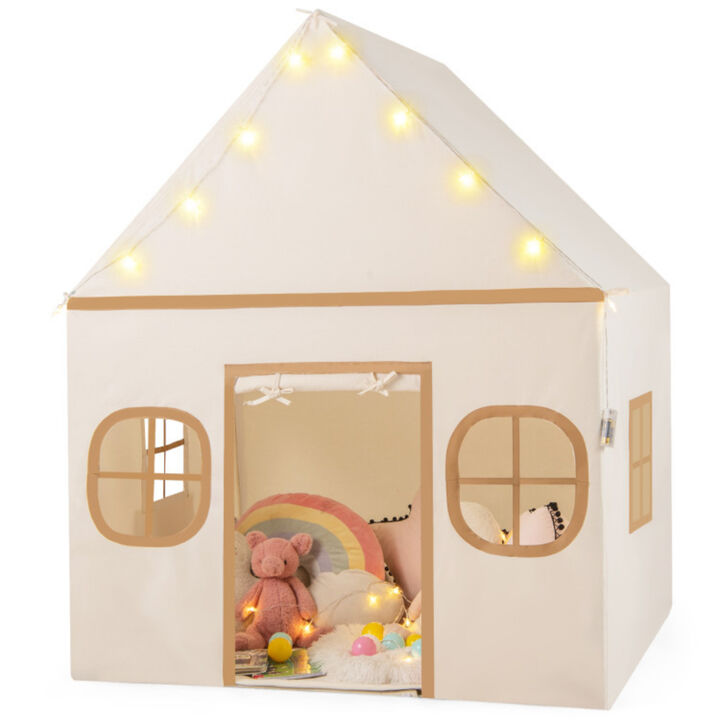 Large Kids Playhouse Tent with Windows, Door Curtain and Star Lights