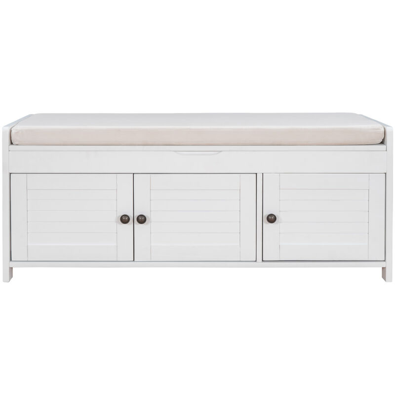Whisen Storage Bench with 3-Shutter-shaped Doors and Removable Cushion - White