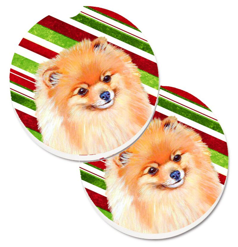 Caroline's Treasures Pomeranian Candy Cane Holiday Christmas Set of 2 Cup Holder Car Coasters LH9260CARC, 2.56, Multicolor image number 0