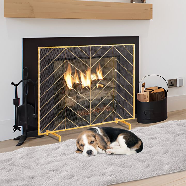 Single Panel Fireplace Screen with Iron Mesh, Freestanding Spark Guard for Indoor Fireplace-Gold