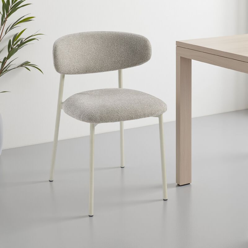 Sinra Side Dining Chair Set of 2, Light Gray Fabric, White Metal Frame - Benzara