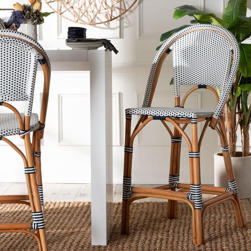 bali & pari Genica Classic French Two Tone Navy and White Weaving and Natural Rattan Bar Stool
