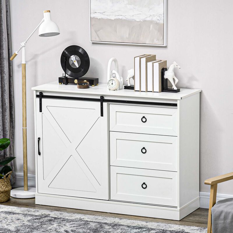 HOMCOM Farmhouse Sideboard Buffet Cabinet, Kitchen Cabinet Coffee Bar Cabinet with Sliding Barn Door and 3 Storage Drawers for Living Room, White