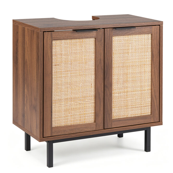 Modern Bathroom Vanity Cabinet with Rattan Doors and Cut-Out