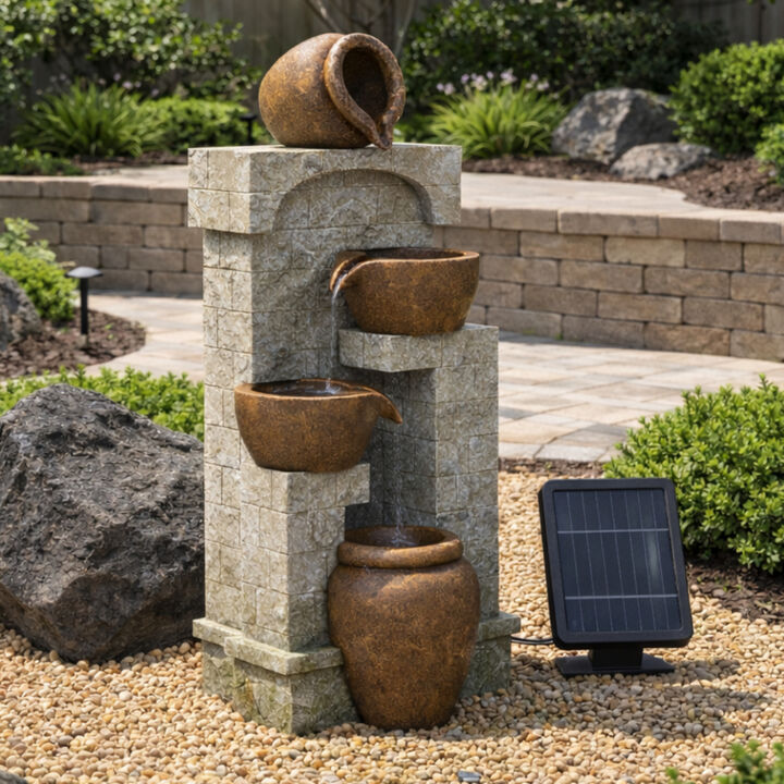 Teamson Home Indoor/Outdoor Solar-Powered 4-Tier Stone-Look Fountain with LED Lights