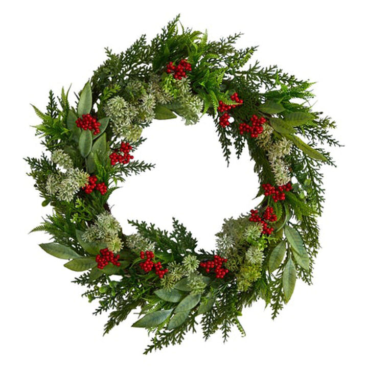 Nearly Natural 24-in Cedar, Eucalyptus and Berries Artificial Christmas Wreath