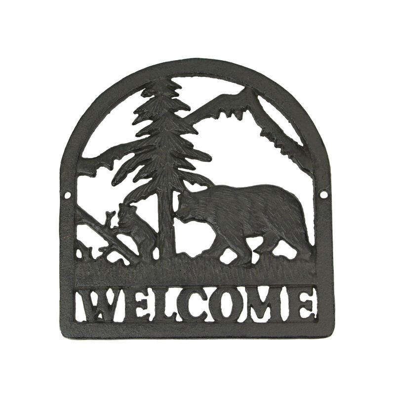 Rustic Brown Cast Iron Bear & Cub Welcome Sign Wall Hanging Plaque Home D&eacute;cor image number 0