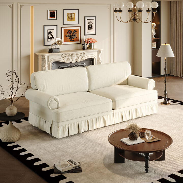 Whisen 3-seater Mid-Century Sofa, Oxford Fabric Cloud Couch with Elegant Rolled Arms and Pleated Skirt Design