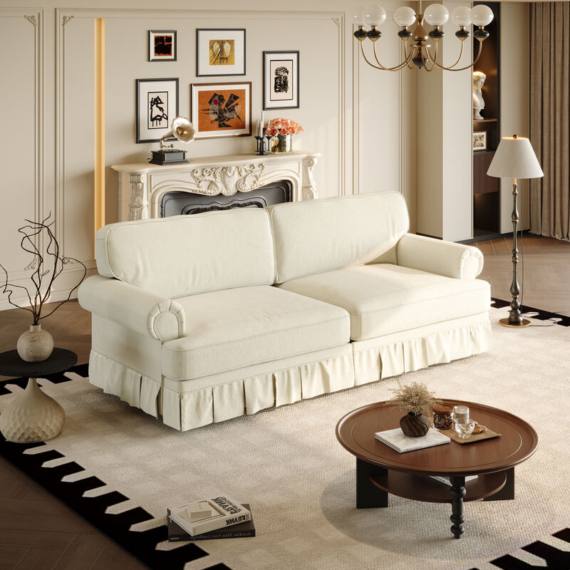 Whisen Mid-Century Sofa, Oxford Fabric Cloud Couch with Elegant Rolled Arms and Pleated Skirt Design