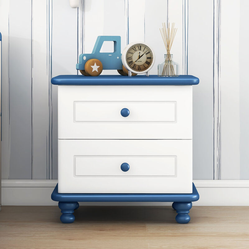 Wooden Nightstand with Two Drawers for Kids, End Table for Bedroom, White+Blue image number 1