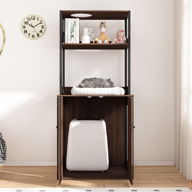 Large Cat Litter Box Enclosure Furniture with Shelves, Cat Washroom Furniture Cat House for Smart Litter Box, in walnut image number 2