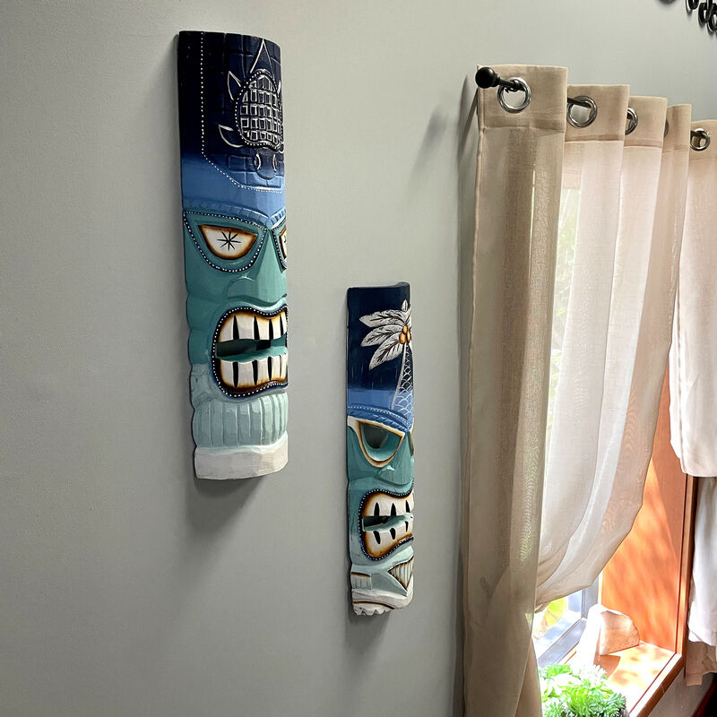 Set of 2 - 20" Blue & Green Tiki Masks Wood Wall Decor Indoor/Outdoor Accent image number 8