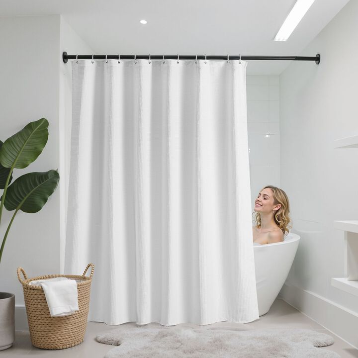 White Fabric Shower Curtain 240 GSM Waffle Design Washable with Hooks