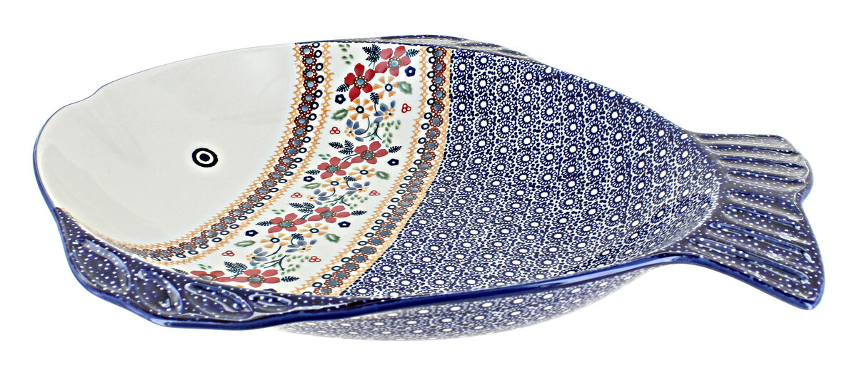 Blue Rose Polish Pottery Red Poppy Large Fish Platter