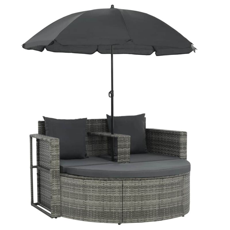 vidaXL 2 Seater Garden Sofa with Cushions and Parasol Gray Poly Rattan