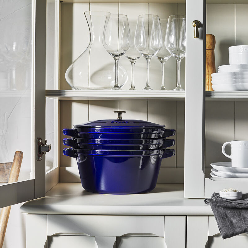 STAUB Cast Iron Set 4-pc, Stackable Space-Saving Cookware Set, Dutch Oven with Universal Lid, Made in France, Dark Blue