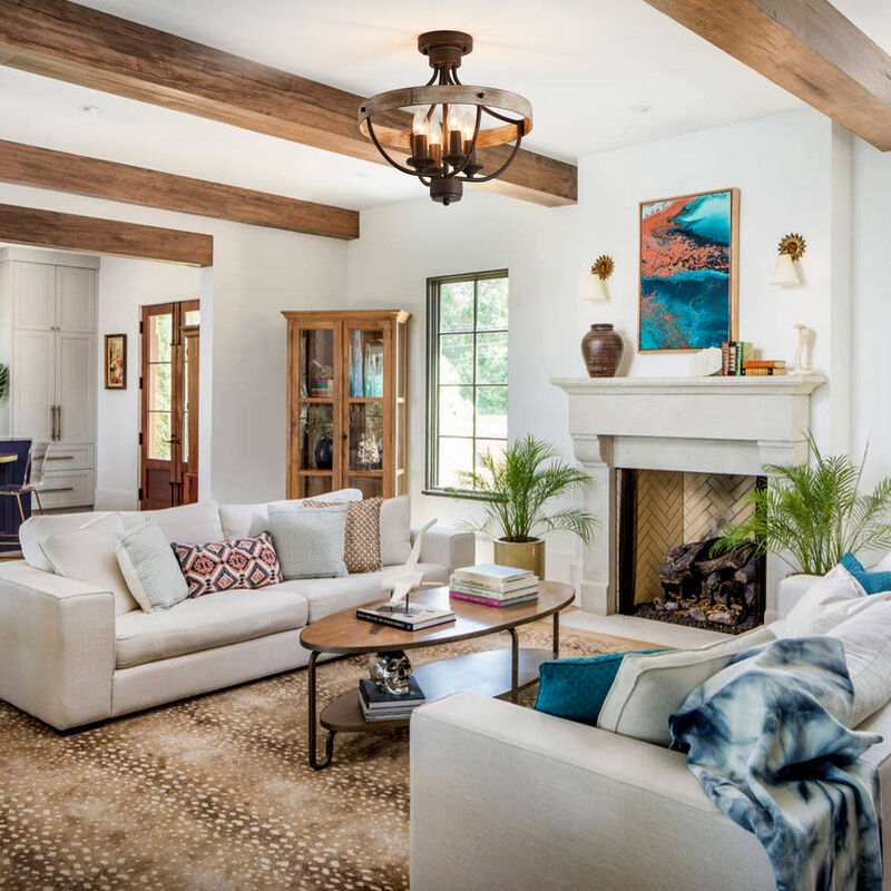 4-Light Rusted Brown Wheel Wood Semi-Flush Mount Ceiling Light