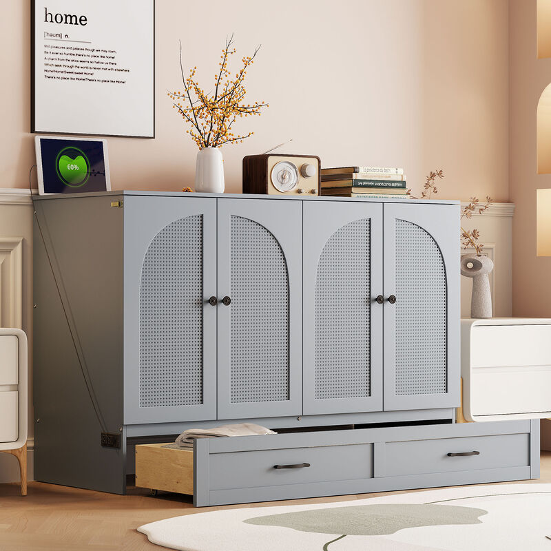 Whisen Modern Design Full Size Murphy Bed, Folded into a Cabinet with Large Drawers