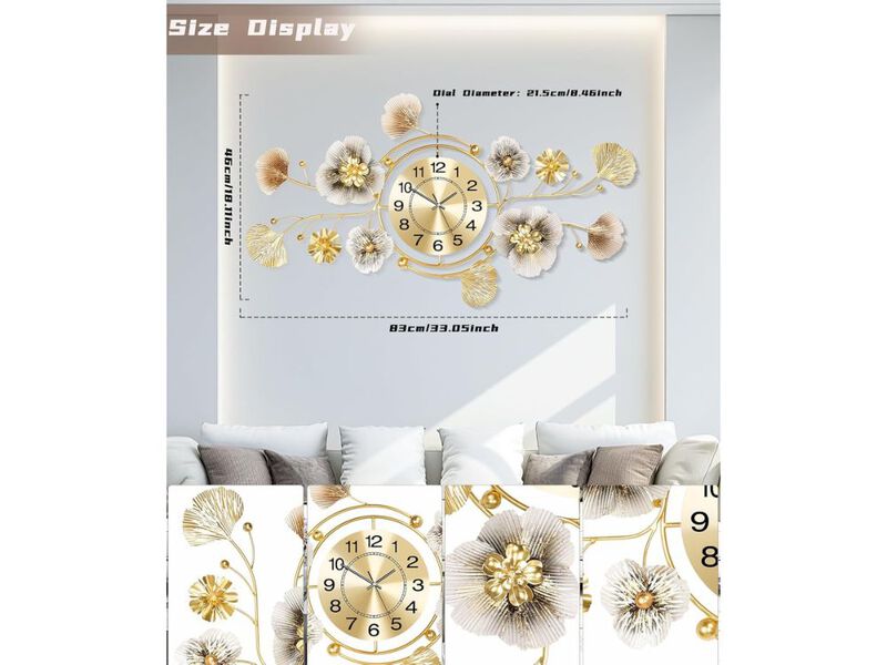 33" x 18" 3D Retro Metal Wall Clock - Silent Ginkgo Leaf Design for Living Room & Office Decor image number 2
