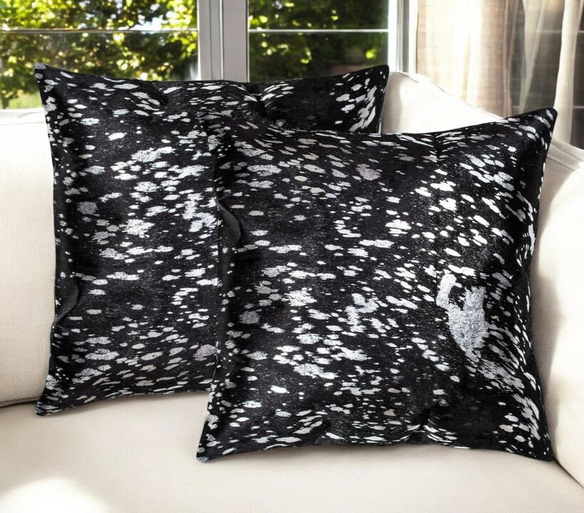 HomeRoots Set of Two 18" Black and Silver Abstract Cowhide Throw Pillows with Glitter