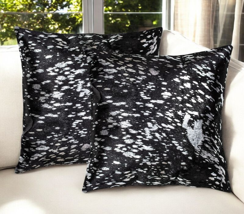 HomeRoots Set of Two 18" Black and Silver Abstract Cowhide Throw Pillows with Glitter image number 1
