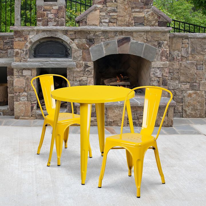 Flash Furniture Commercial Grade 30" Round Yellow Metal Indoor-Outdoor Table Set with 2 Cafe Chairs