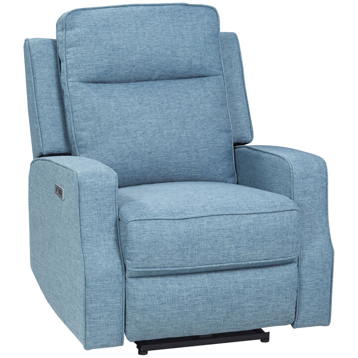HOMCOM Electric Power Recliner, Wall Hugger Armchair with USB Charging Station, Sofa Recliner with Linen Upholstered Seat and Retractable Footrest, Blue