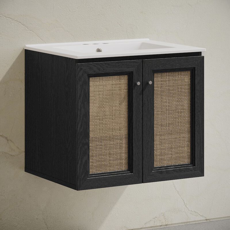 24" Wall-Mounted Bathroom Vanity in Black Oak, Centerset Faucet Holes Vanity Top image number 1